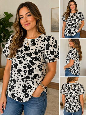 Worthington Women’s XS Black White Floral Linen Blend Puff Sleeve Blouse Top
